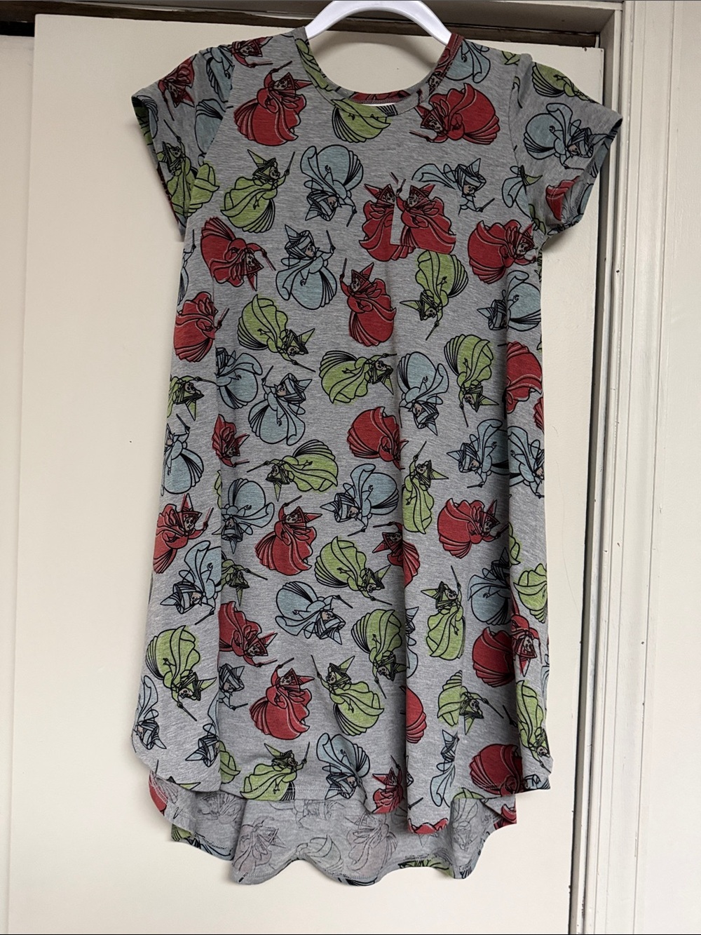 LuLaRoe Sleeping Beauty Gray Midi Dress with Red, Green & Blue Fairy Godmother's